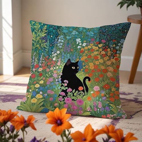 Floral Black Cat Pillow Covers 18x18, Cats Lovers Lady Gifts, Cat Mom Grandma - Image 5