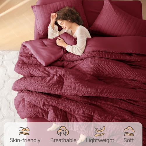MUXHOMO 7 Pieces Queen Comforter Set, Seersucker Bed in a Bag Queen Size - Image 2