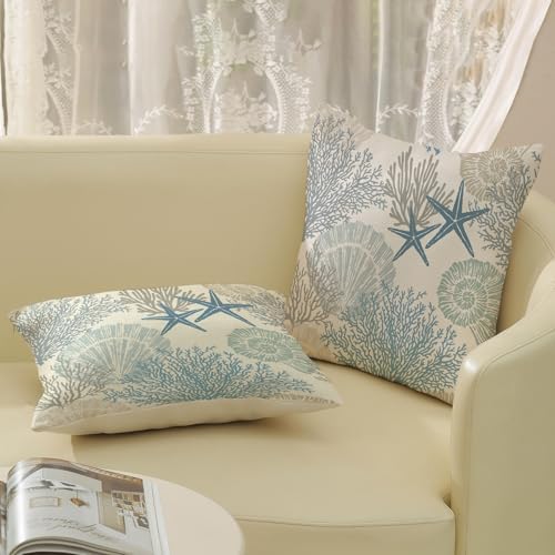 Nautical Coastal Pillow Covers 20x20 Set of 2 Blue Beach Themed Ocean Seashell - Image 5