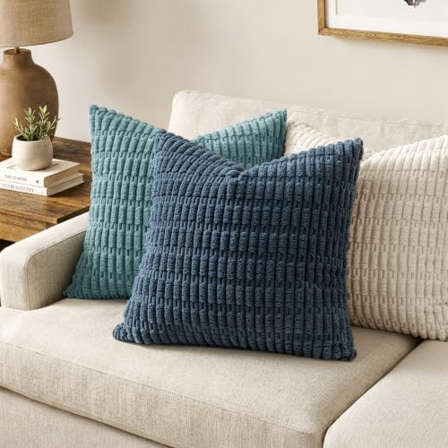 MIULEE Corduroy Decorative Throw Pillow Covers 16x16 Blue Pack of 2 - Image 2
