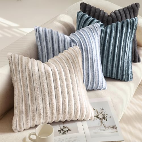decorUhome Fall Faux Fur Throw Pillow Covers 24x24 Set of 2 Grey White - Image 4