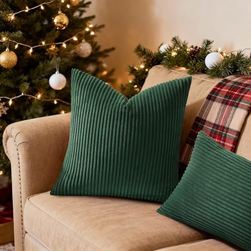 Mecatny Soft Corduroy Throw Pillow Covers 20x20 Set of 2 Christmas Green - Image 2