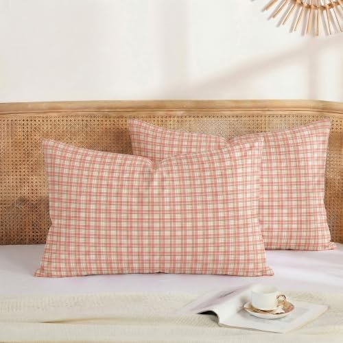 Merryword 100% Cotton Pillow Cases, Queen Size, Washed Cotton Pastel Pink Plaid by Merryword