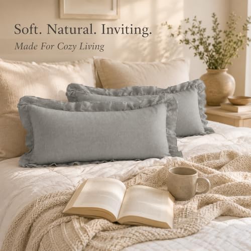 JoraLion Ruffled Throw Pillow Cover 12x20 Solid Light Gray - Image 5