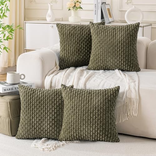 Set of 4 Olive Green Decorative Throw Pillow Covers 18x18 Inch Corduroy Pillow by Cozoomy