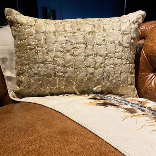 The HomeCentric Decorative Gold 12"x26" Lumbar Pillow Cover, Velvet Sequins & - Image 2