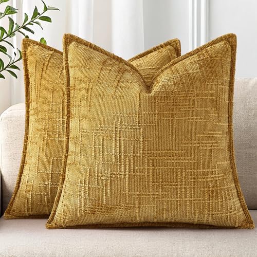 decorUhome Chenille Fall Throw Pillow Covers 22x22 Set of 2, Mustard Yellow by decorUhome
