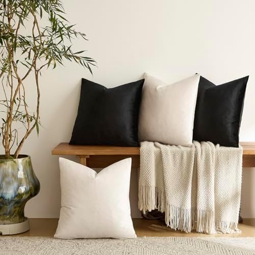 GIGIZAZA Pack of 4 Decorative Velvet Pillow Covers 16x16 Black Ivory - Image 3