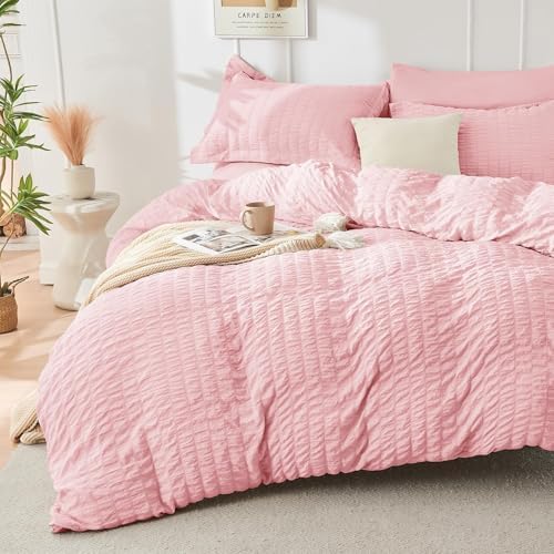 HYMOKEGE Pink California King Comforter Set Seersucker 7 Pieces, All Season - Image 2