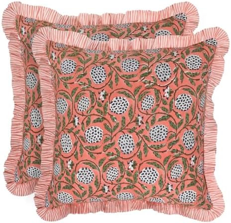 Ridhi Dark Salmon Pink Block Print Ruffle Pillow Covers 24x24 Inch Set of 2 by Ridhi