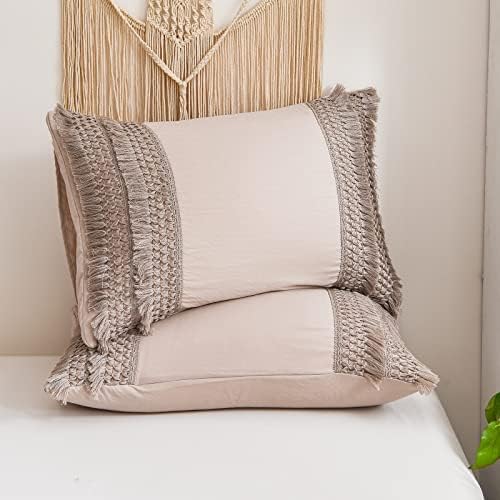 Taupe Tassel Pillowcases, Khaki Standard Pillow Cases Set of 2, Soft Washed by MOVEOVER