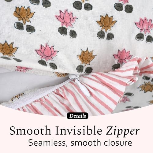 CPC Block Print Rosette Bloom Ruffle Cotton Lumbar Pillow Cover 12x20 inch - Image 3