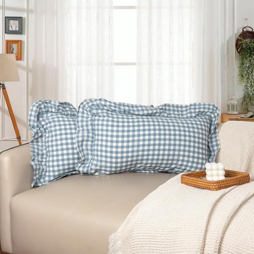 JoraLion Ruffled Throw Pillow Cover 12x20 Gingham Smoke Blue by JoraLion