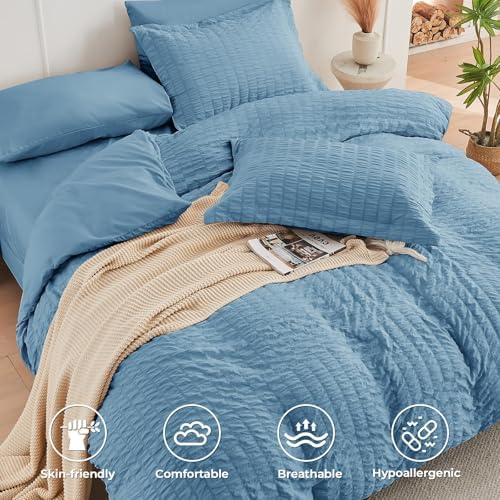HYMOKEGE Mineral Blue California King Comforter Set Seersucker 7 Pieces - Image 3
