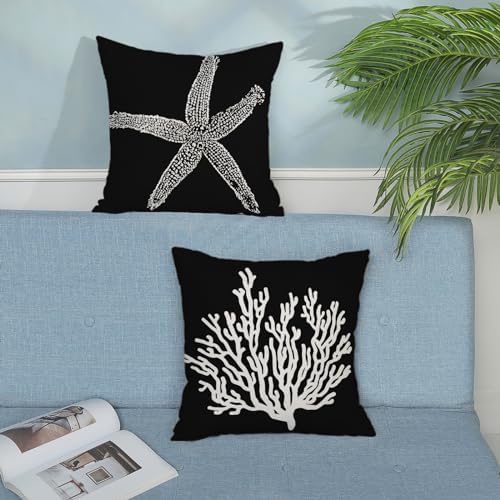 Coastal Pillow Covers 18x18 Set of 2 Black Starfish Throw Pillows Nautical - Image 3