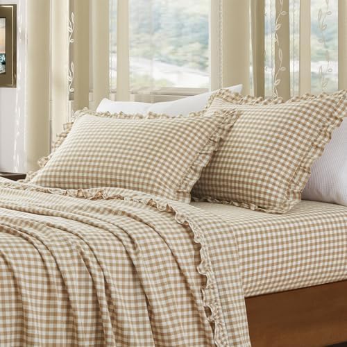 KKJIAF 2 Pcs Plaid Ruffle Pillow Case Queen Size, Taupe Plaid - Image 3