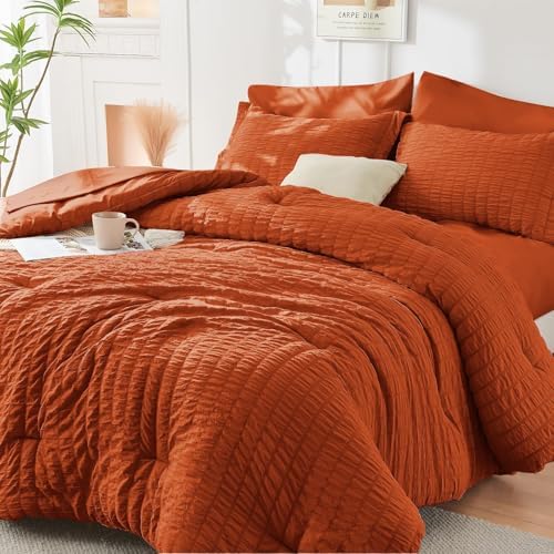 HYMOKEGE Burnt Orange California King Comforter Set Seersucker 7 Pieces by HYMOKEGE
