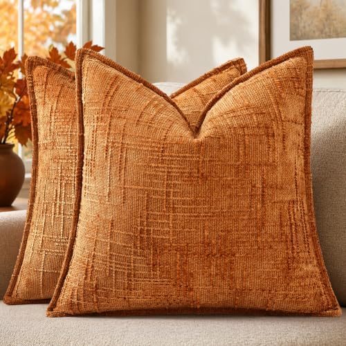 decorUhome Chenille Fall Throw Pillow Covers 22x22 Set of 2, Burnt Orange by decorUhome
