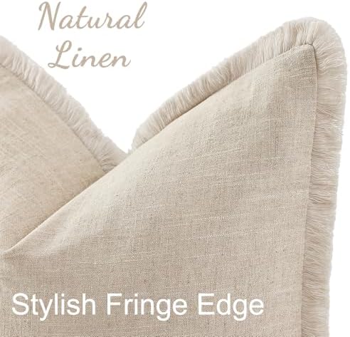decorUhome Linen Fringe Natural Beige Throw Pillow Covers 26x26 Set of 2 - Image 2