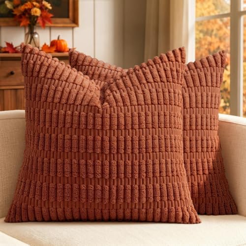 MIULEE Fall Corduroy Decorative Throw Pillow Covers 18x18 Rust Pack of 2 by MIULEE