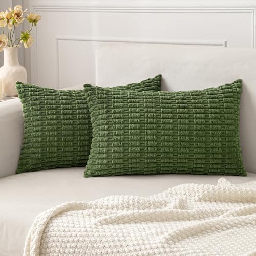 MIULEE Lumbar Corduroy Decorative Throw Pillow Covers 12x20 Moss Green by MIULEE