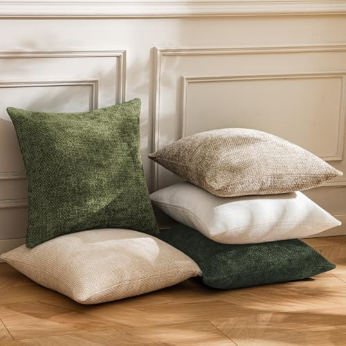 a moment Olive Green Chenille Throw Pillow Covers 24x24 Inch Pack of 2 Modern - Image 3
