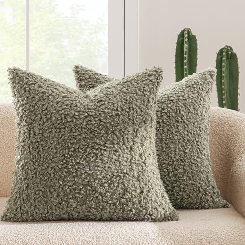 MIULEE Decorative Faux Fur Pillow Covers Sherpa 20x20 Sage Green by MIULEE