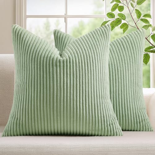 Mecatny Corduroy Decorative Throw Pillow Covers 18x18 Set of 2 Sage Green by Mecatny