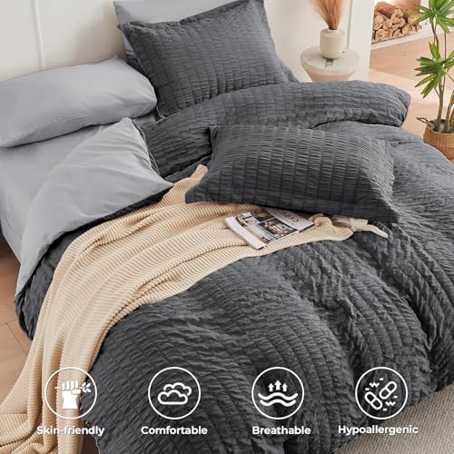 HYMOKEGE Dark Grey/Light Grey King Size Comforter Set Seersucker 7 Pieces - Image 3