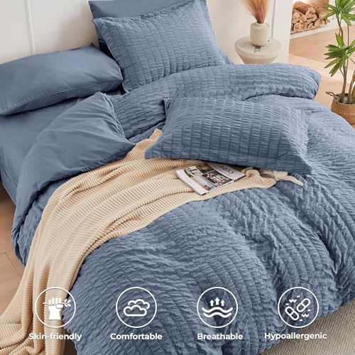 HYMOKEGE Nordic Blue Twin Comforter Set Seersucker 5 Pieces, All Season Luxury - Image 3