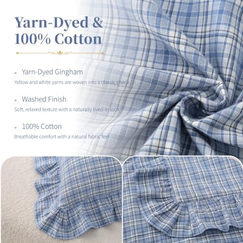 Gingham Throw Pillow Covers 18x18, Denim Blue Plaid, Ruffle Trim - Image 3