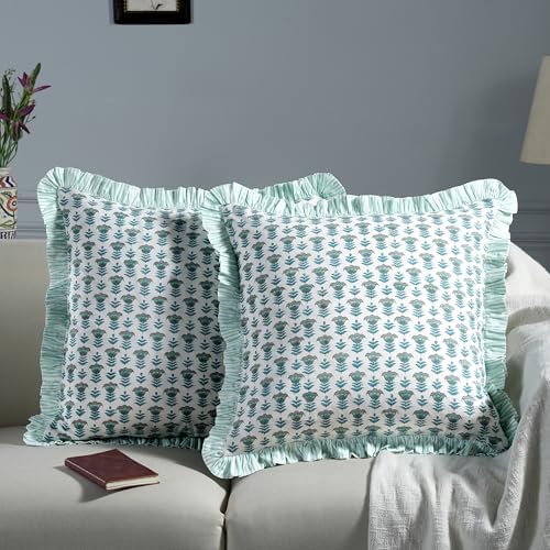 Ridhi Block Print Aquamarine Blue Throw Pillow Cover 18" x 18" Decorative - Image 2