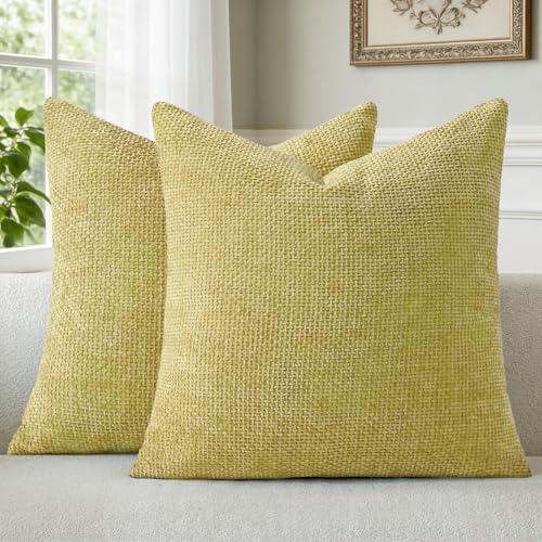 a moment Yellow-Green Chenille Throw Pillow Covers 24x24 Inch Pack of 2 Modern by amoment