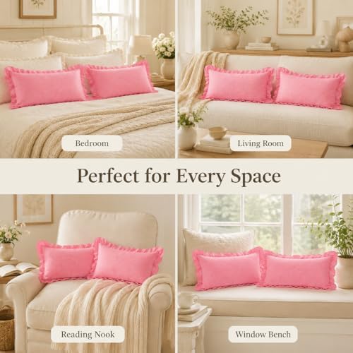JoraLion Ruffled Throw Pillow Cover 12x20 Solid Pink - Image 3