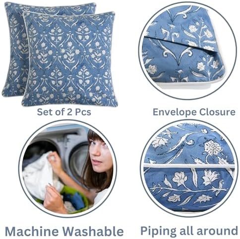 Ridhi Block Print Cornflower Blue Pillow Cover 18" x 18" Decorative Couch - Image 3