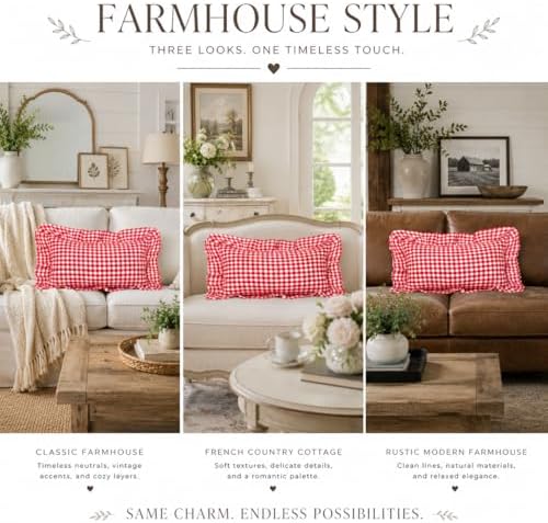JoraLion Ruffled Throw Pillow Cover 12x20 Gingham Red - Image 6