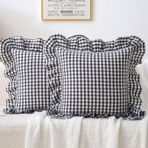 Black/White Gingham Throw Pillow Covers 22x22, Ruffle Trim by Jilboo