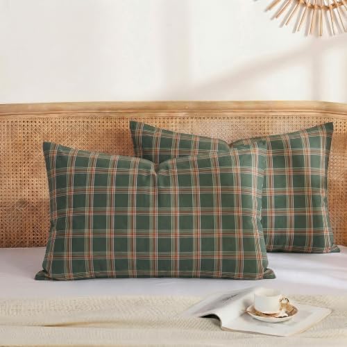 Merryword 100% Cotton Pillow Cases, King Size, Washed Cotton Deep Green Plaid by Merryword