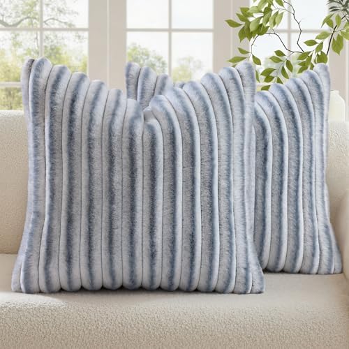 decorUhome Fall Faux Fur Throw Pillow Covers 24x24 Set of 2 Grey White by decorUhome