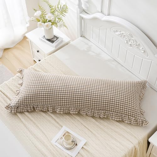 Taupe/White Plaid Ruffled Body Pillow Cover Washed Cotton 20"x54" - Image 3