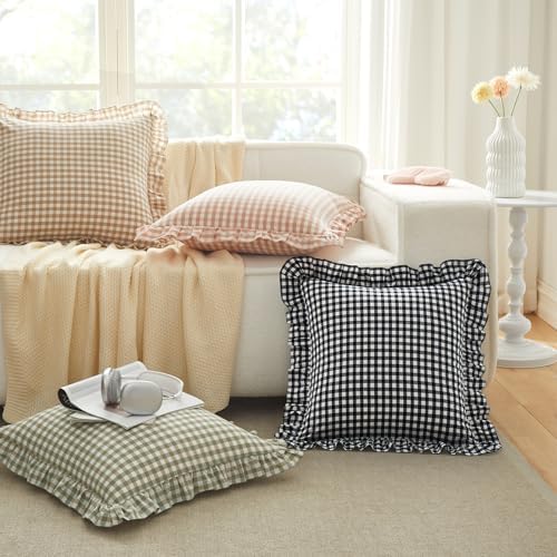 KKJIAF 2 Pcs Ruffle Gingham Pillow Covers 24" x 24" - Image 4