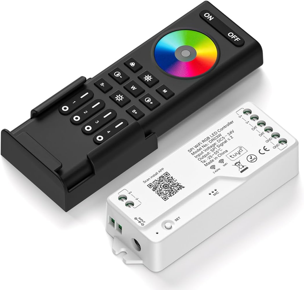 2.4G WiFi SPI RGB Controller DR03W & RC03RF RF Remote Set, Control by Smart Life/Tuya APP/Alexa/Google Home, Control Support WS2812B WS2811 WS2813 WS2815 etc LED Strip STA Mode