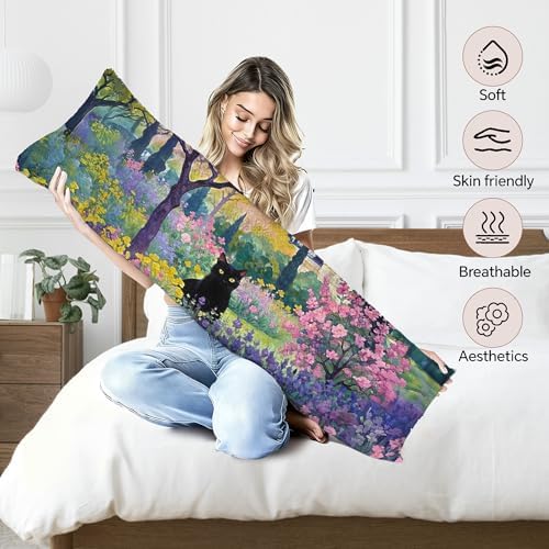 Spring Garden Black Cat 20x54 Body Pillow Cover, Cats Lovers Lady Gifts - Image 3