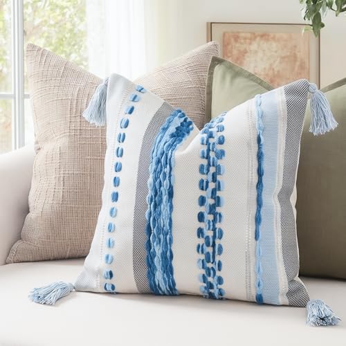 PANOD Chenille Farmhouse Throw Pillow Covers 18 x 18 Blue, Neutral Boucle Couch - Image 5