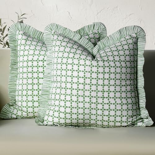 CPC Kelly Green Hand Block Print 100% Cotton Ruffle Throw Pillow Cover 18x18 by COTTONPRINTCLUB