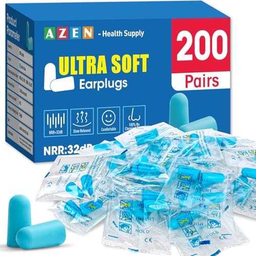 AZEN 200 Pairs Ear Plugs, NRR 32dB Soft Foam Ear Plugs by AZEN