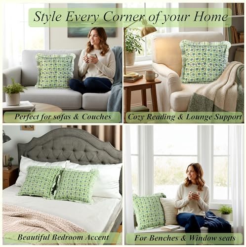 Ridhi Apple Green Block Print Ruffle Pillow Covers 18x18 Inch Set of 2 - Image 5