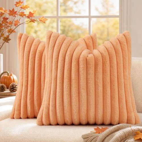decorUhome Fall Faux Fur Throw Pillow Covers 24x24 Set of 2 Light Orange by decorUhome