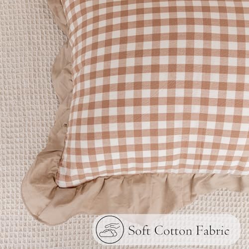 JoraLion Ruffled Body Pillow Cover 20x54 Gingham Khaki Solid Edge - Image 2
