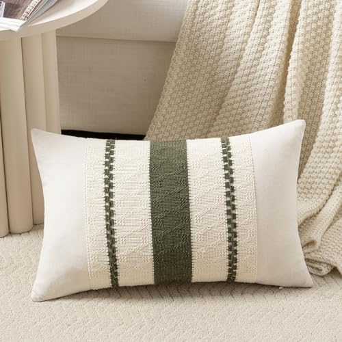 Fancy Homi Set of 2 Boho Olive Green Long Lumbar Decorative Throw Pillow Cover - Image 2